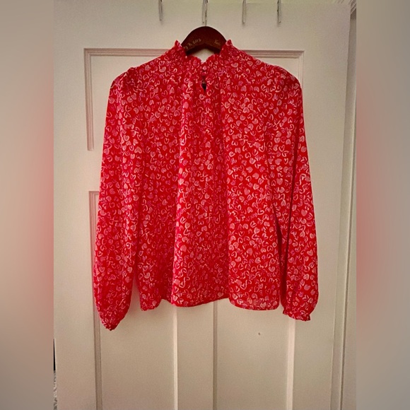 J Crew Top Womens S Red Pink Hearts Ruffle Keyhole Pullover Lined Blouse - Picture 1 of 4